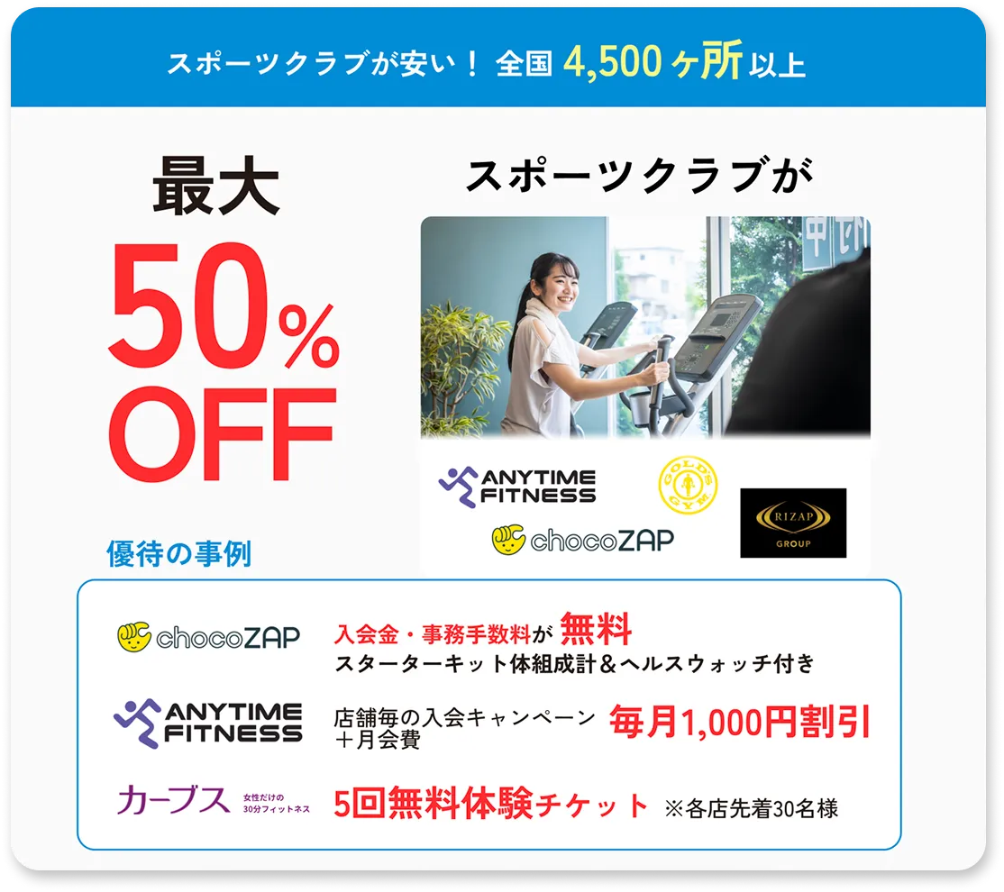 スポーツクラブが安い！全国4,500ヶ所以上スポーツクラブが最大50%OFF