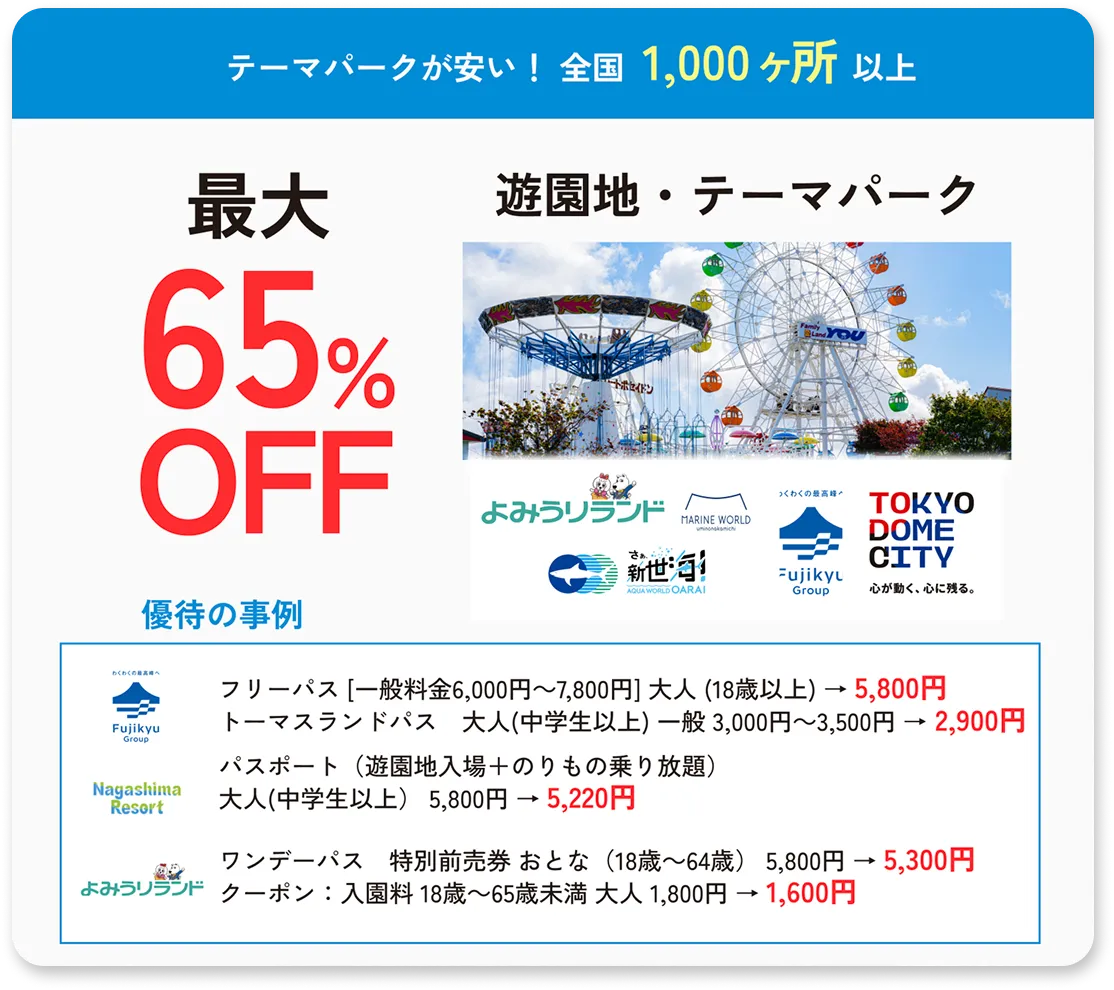 テーマパークが安い！全国1,000ヶ所以上遊園地・テーマパークが最大65%OFF